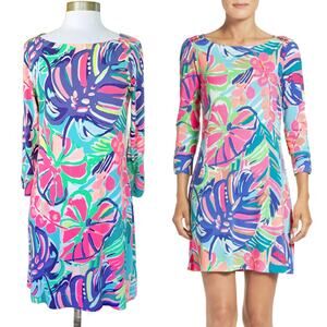 Lilly Pulitzer Sophie Shift Mini Dress Medium Multi Exotic Garden UPF 3/4 Sleeve